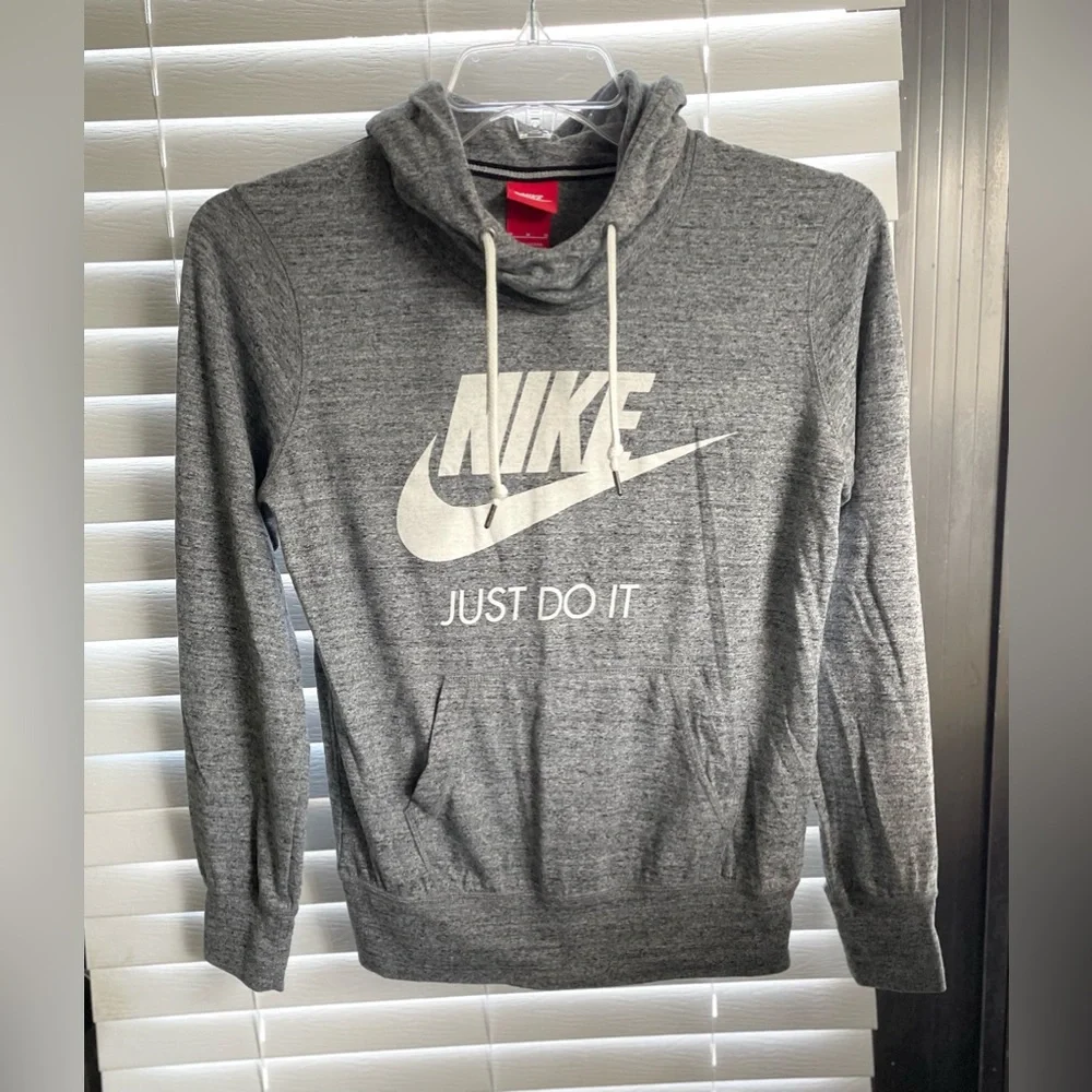 Nike “Just Do It” Sweatshirt - Womens Size Med - Gray Hooded Drawstring Pullover - Picture 1 of 8